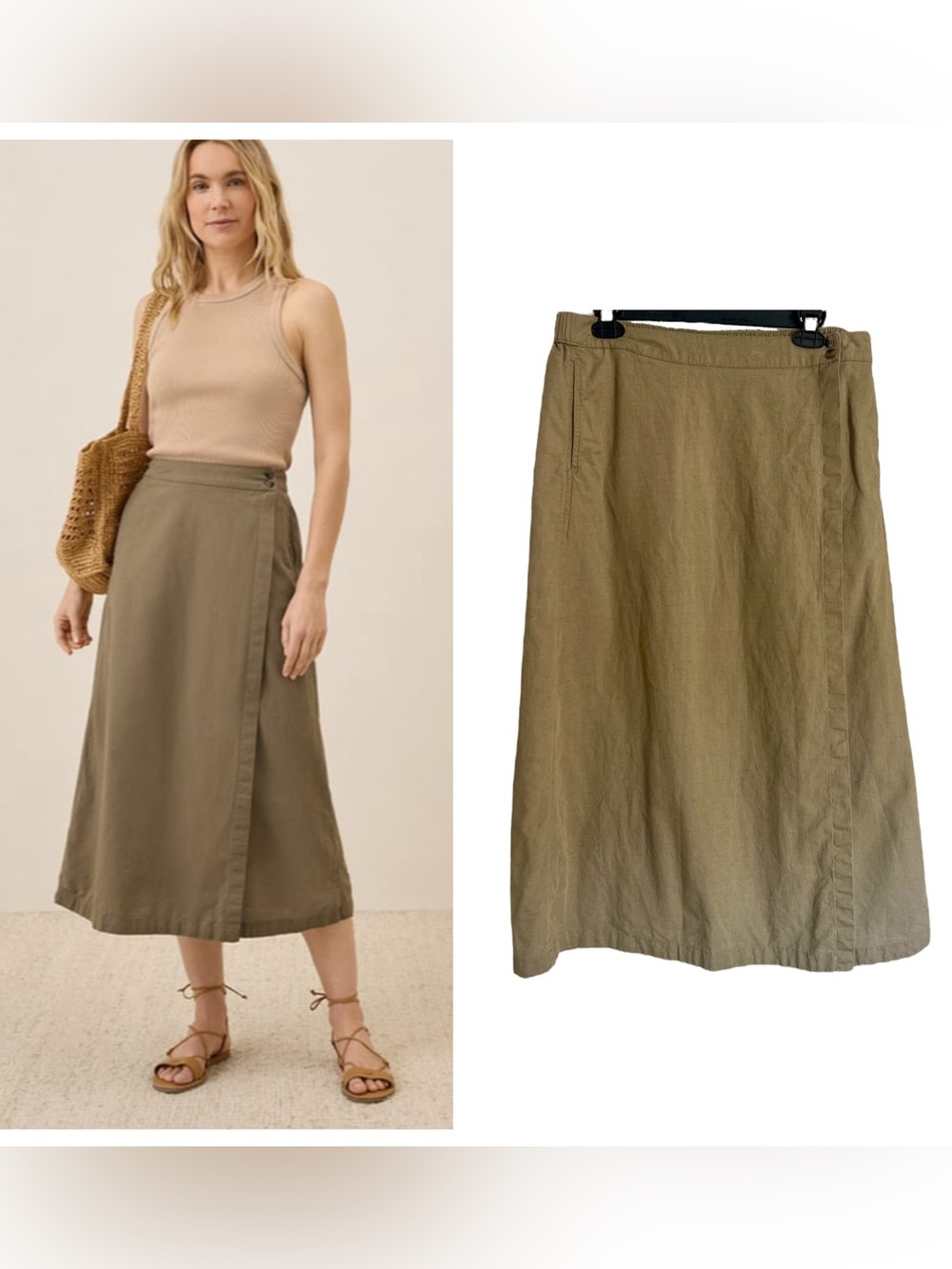 Pact Canopy Organic Cotton Linen wrap midi skirt khaki green sz large neutral